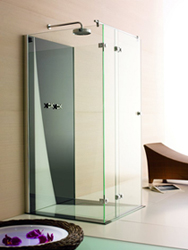 Abbildung einer modernen Duschrückwand mit einem Foto, was vergrößert, Schilfblätter zeigt